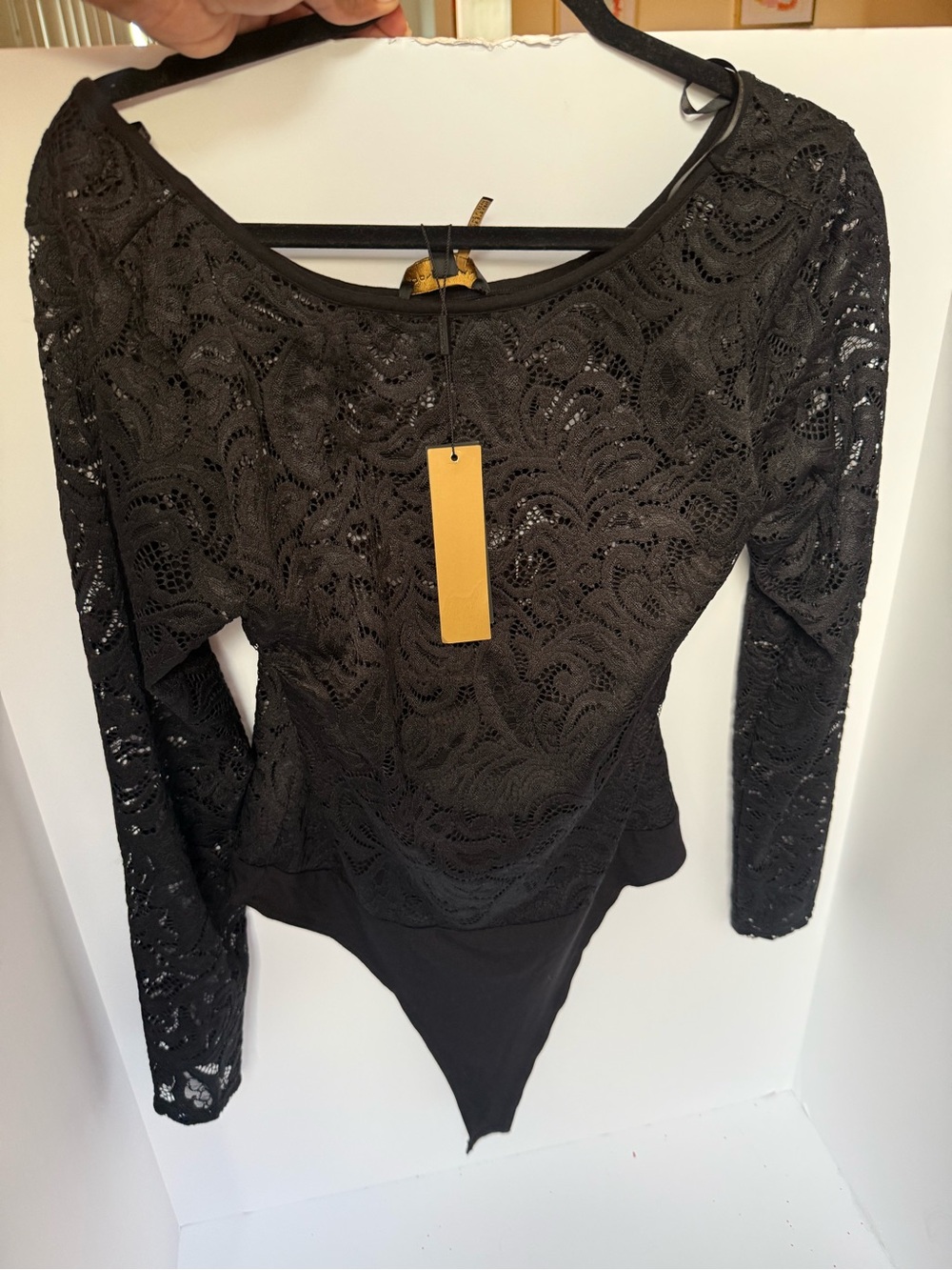 Donna Karan Mosaic Black Lace Bodysuit Large NWT